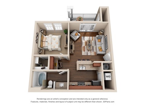 Floor plan for 1 bed, 1 bath, 677 sqft